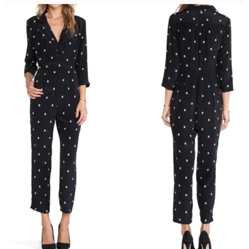 Harlyn Jumpsuit Womens Large Black‎ Revelry Top Hat Print V-Neck Anthropologie